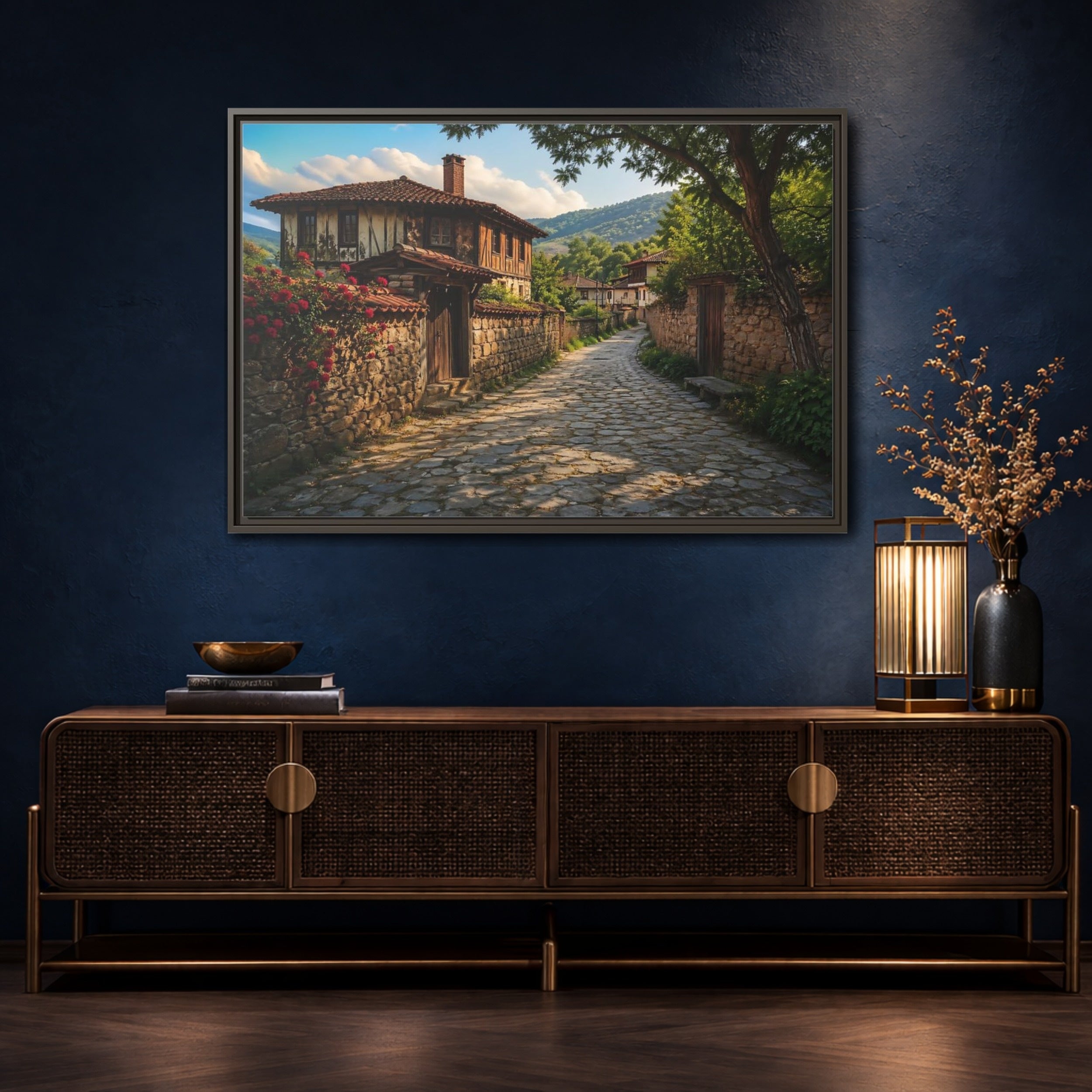 Mockup 4. Vintage Village Street Rustic Village shown as stretched canvas wall art