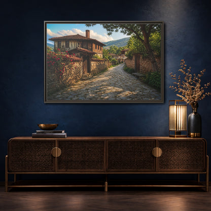 Mockup 4. Vintage Village Street Rustic Village shown as stretched canvas wall art