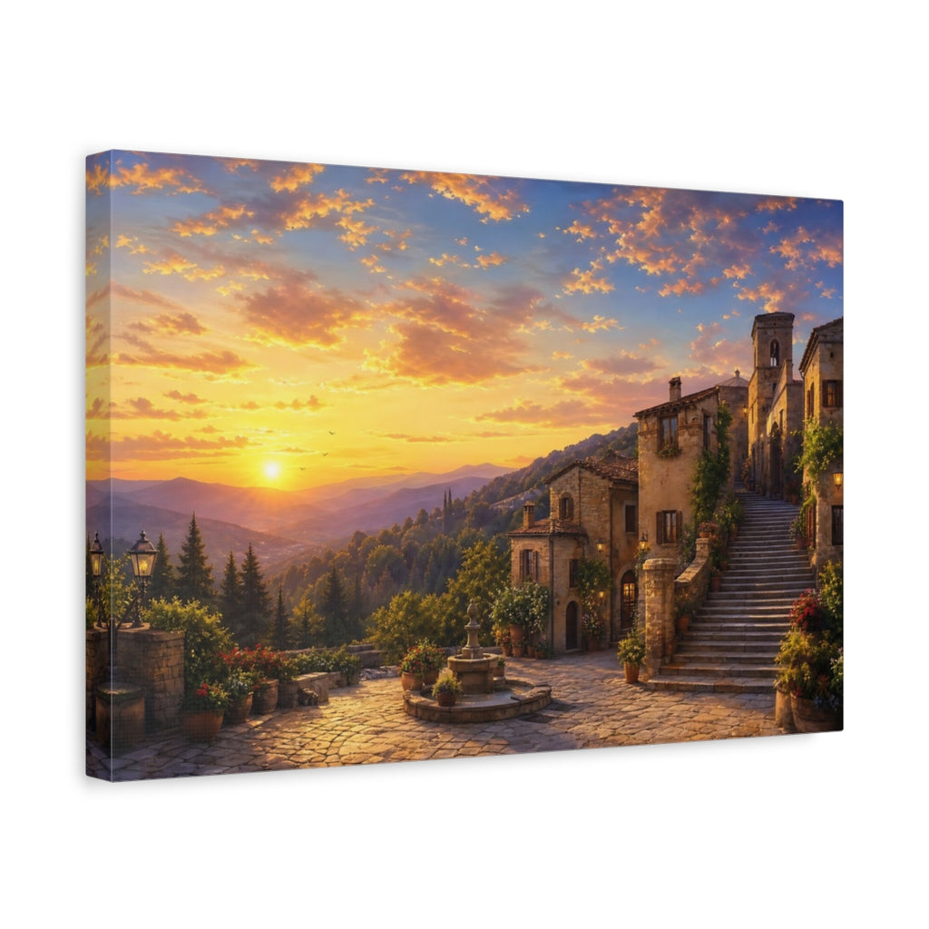 Side Mockup 4. Vintage Village Sunset Tuscan Village Sunset shown as stretched canvas wall art