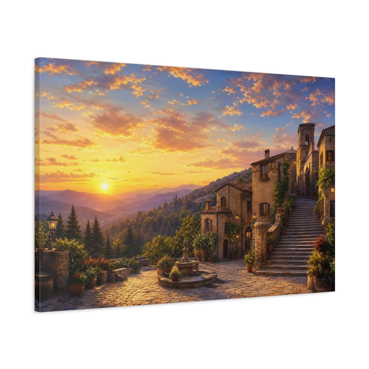 Main Mockup. Vintage Village Sunset Tuscan Village Sunset shown as stretched canvas wall art