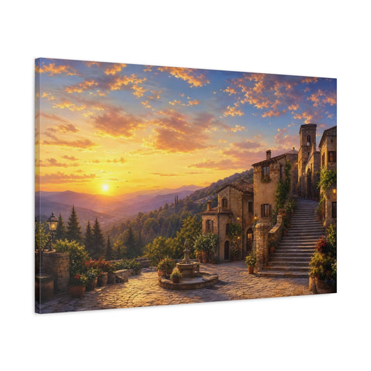 Main Mockup. Vintage Village Sunset Tuscan Village Sunset shown as stretched canvas wall art