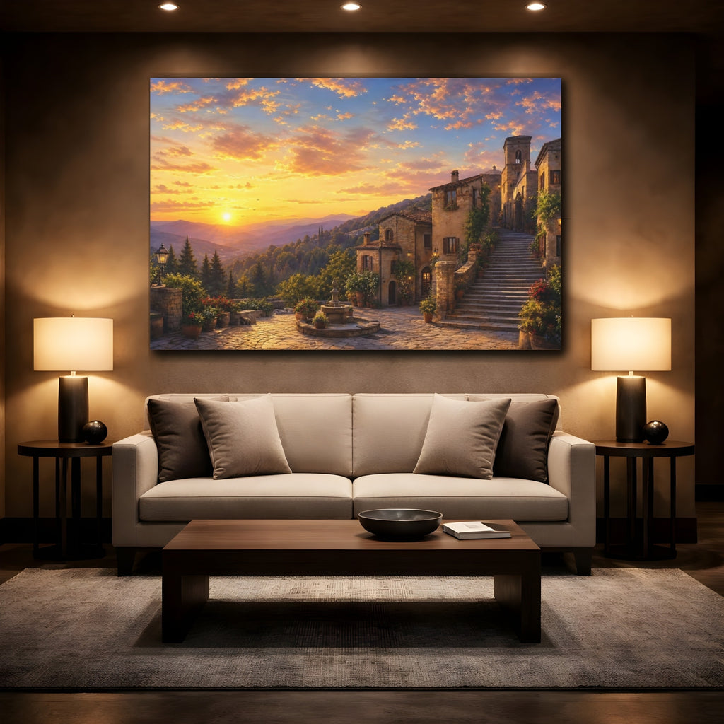 Mockup 2. Vintage Village Sunset Tuscan Village Sunset shown as stretched canvas wall art