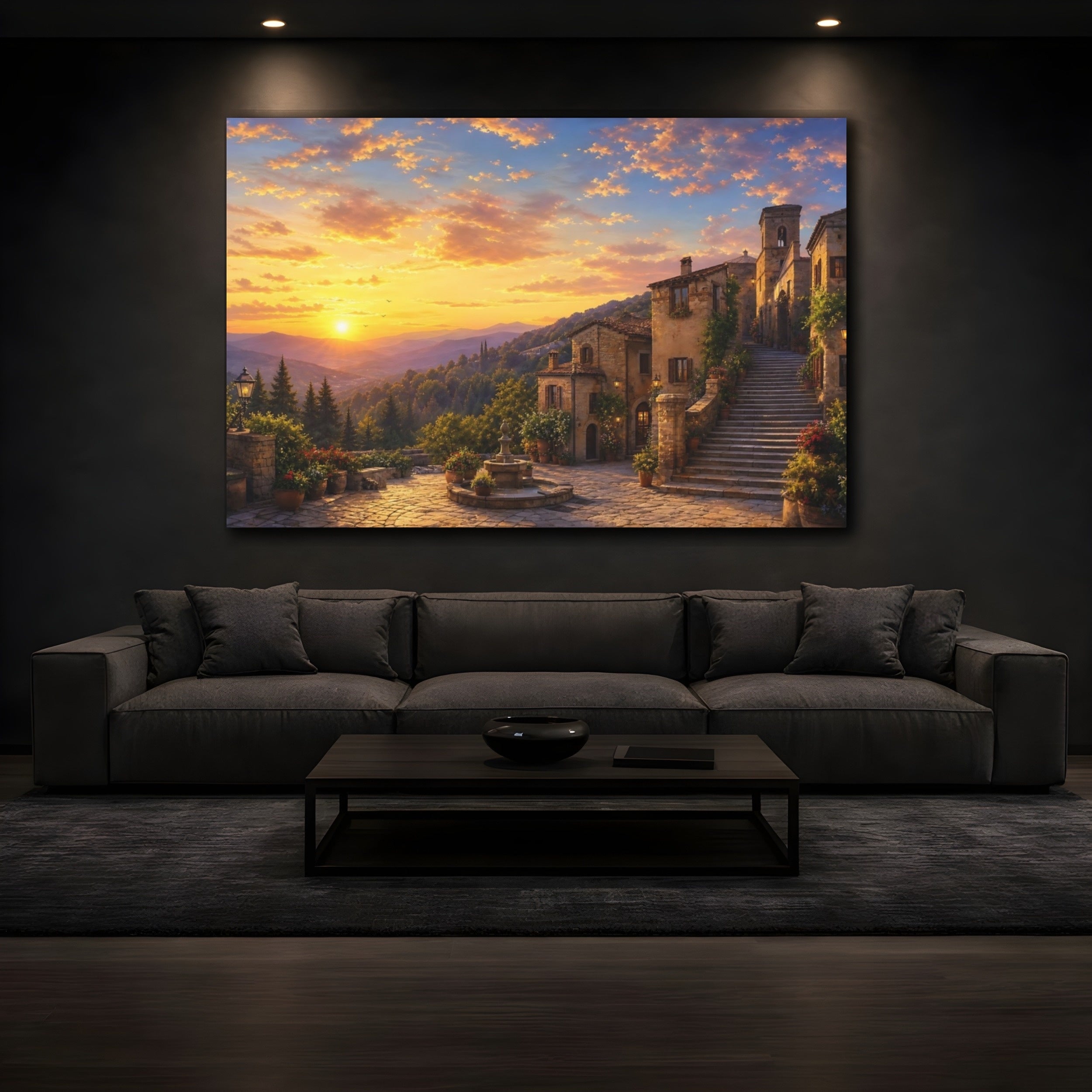 Mockup 3. Vintage Village Sunset Tuscan Village Sunset shown as stretched canvas wall art