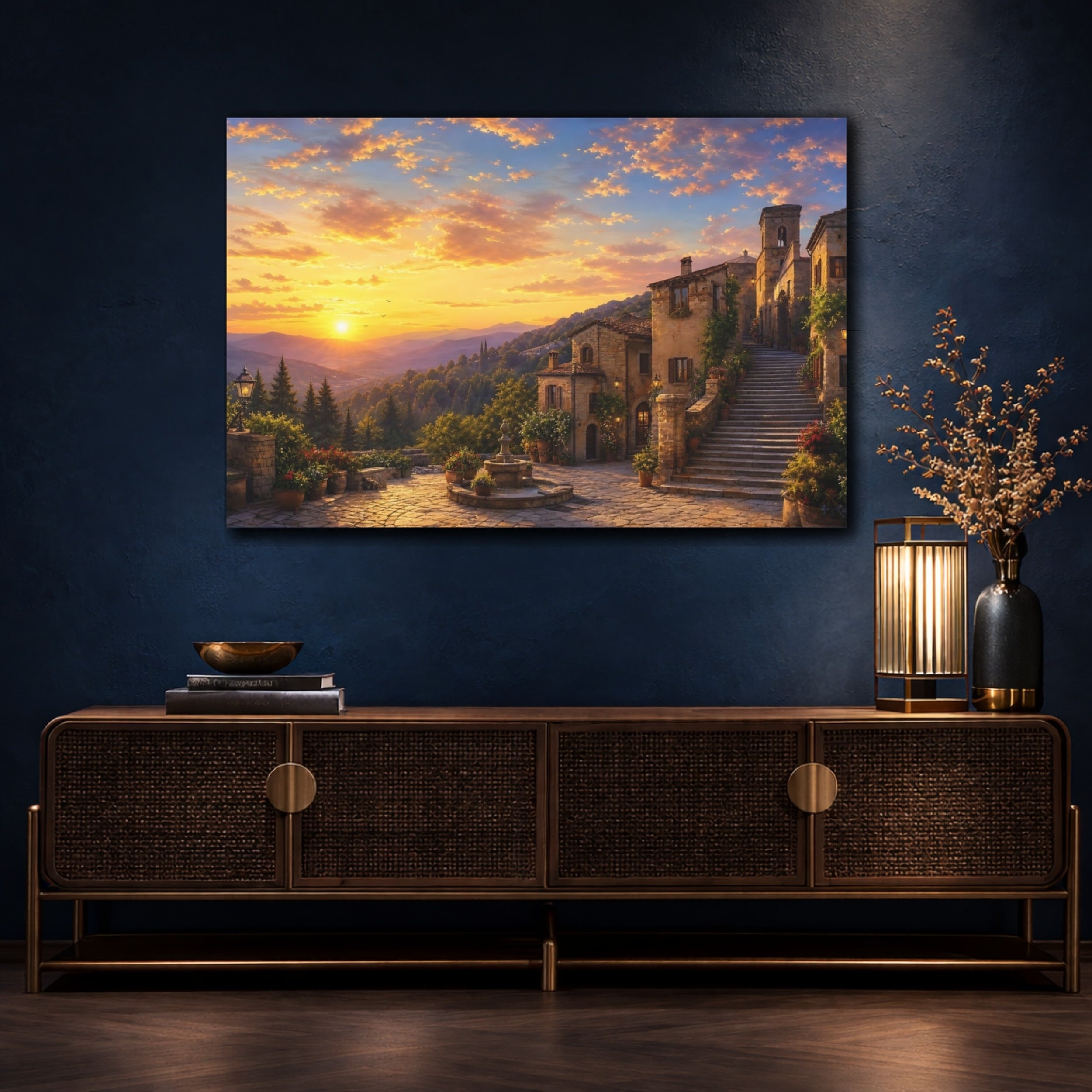 Mockup 4. Vintage Village Sunset Tuscan Village Sunset shown as stretched canvas wall art