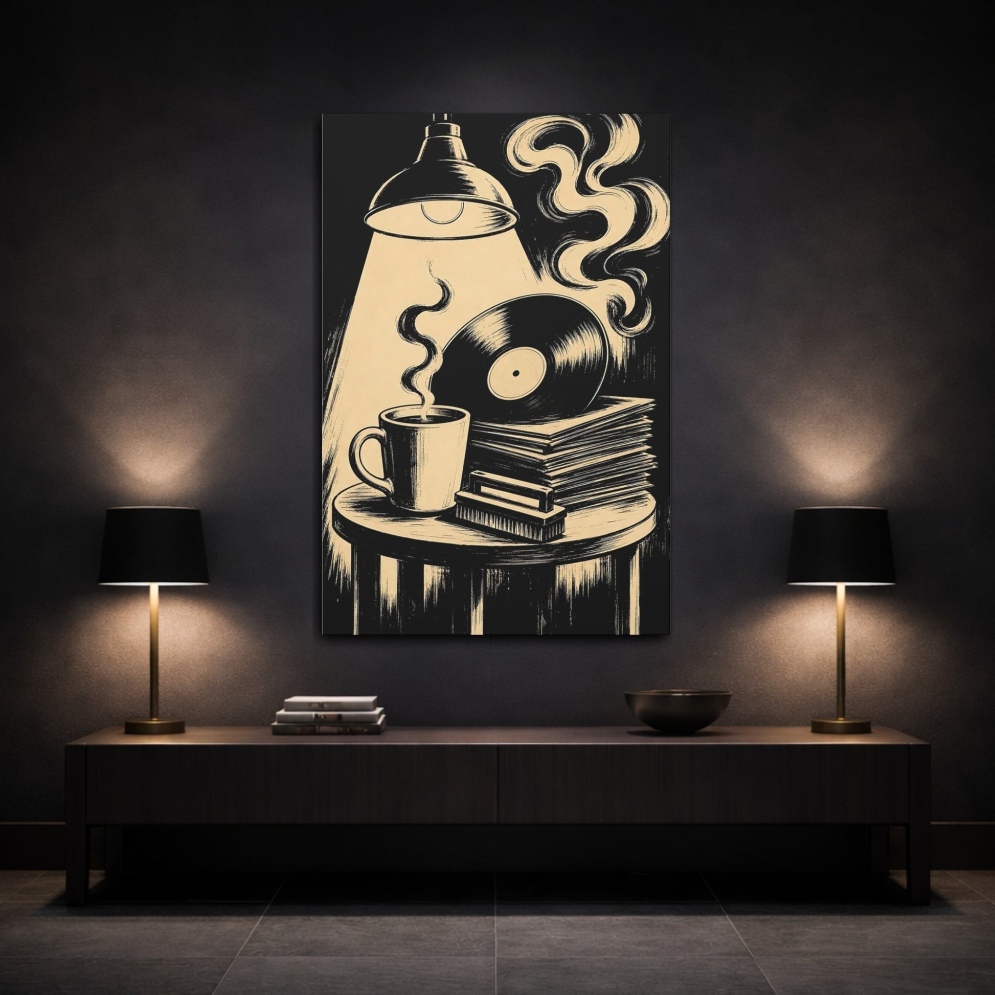 Mockup 3. Vintage Vinyl And Coffee shown as canvas print