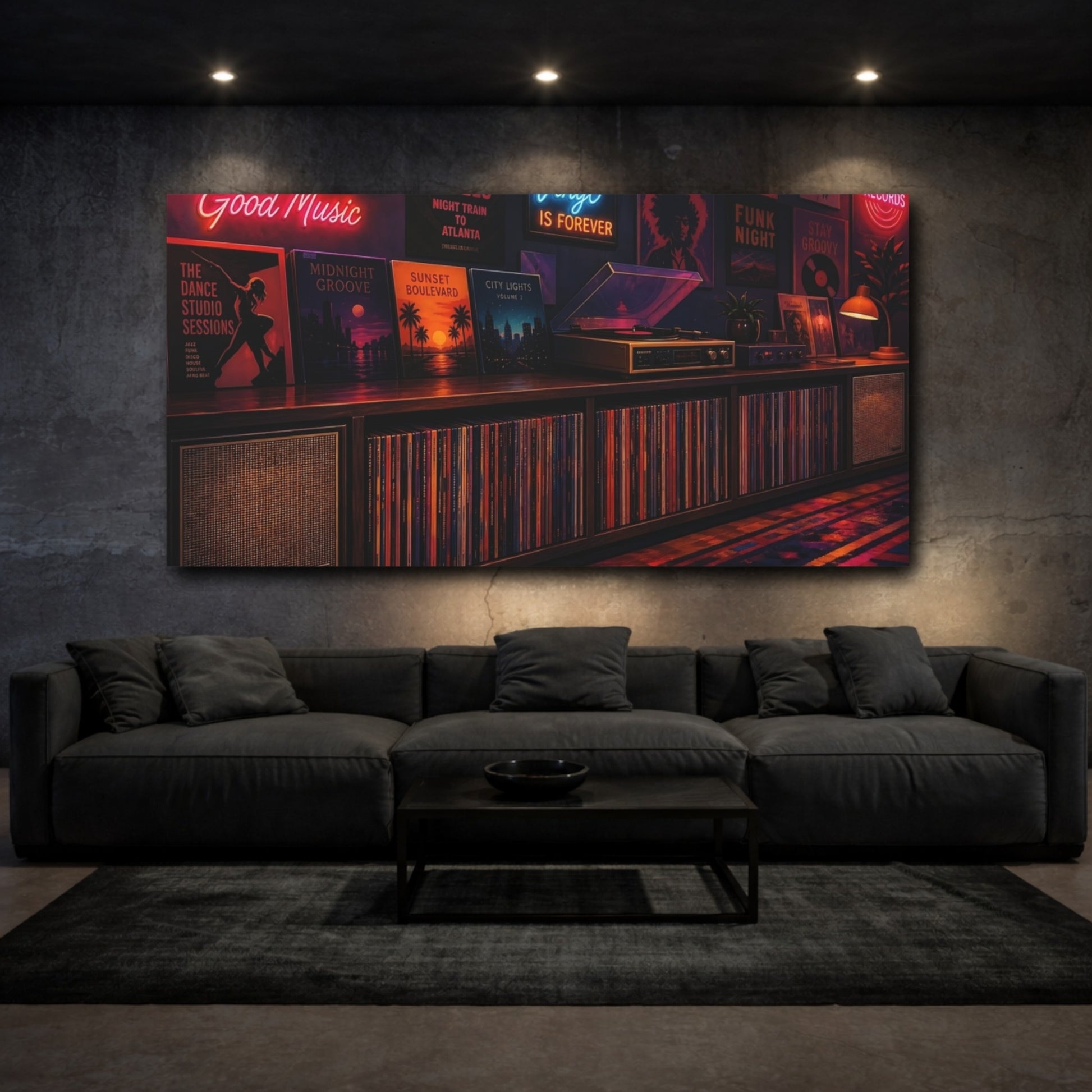 Mockup 3. Vintage Vinyl Collection Retro Music shown as canvas print