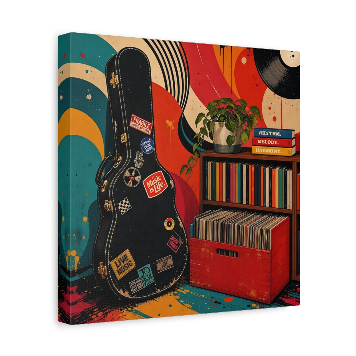Side Mockup 8. Vintage Vinyl & Guitar shown as canvas print