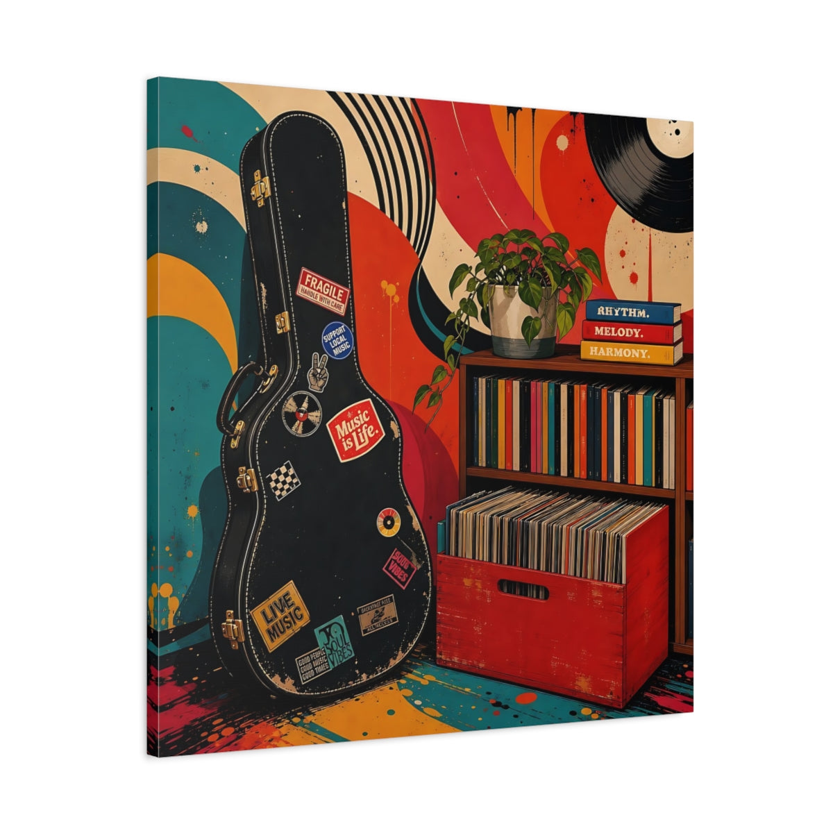 Side Mockup 3. Vintage Vinyl & Guitar shown as canvas print