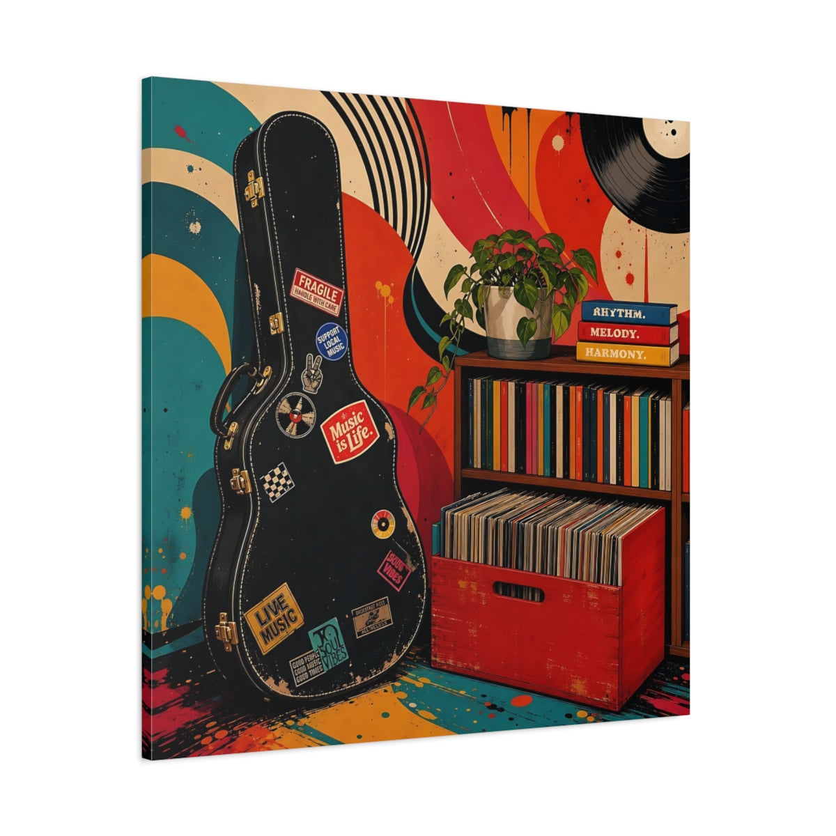Side Mockup 1. Vintage Vinyl & Guitar shown as canvas print