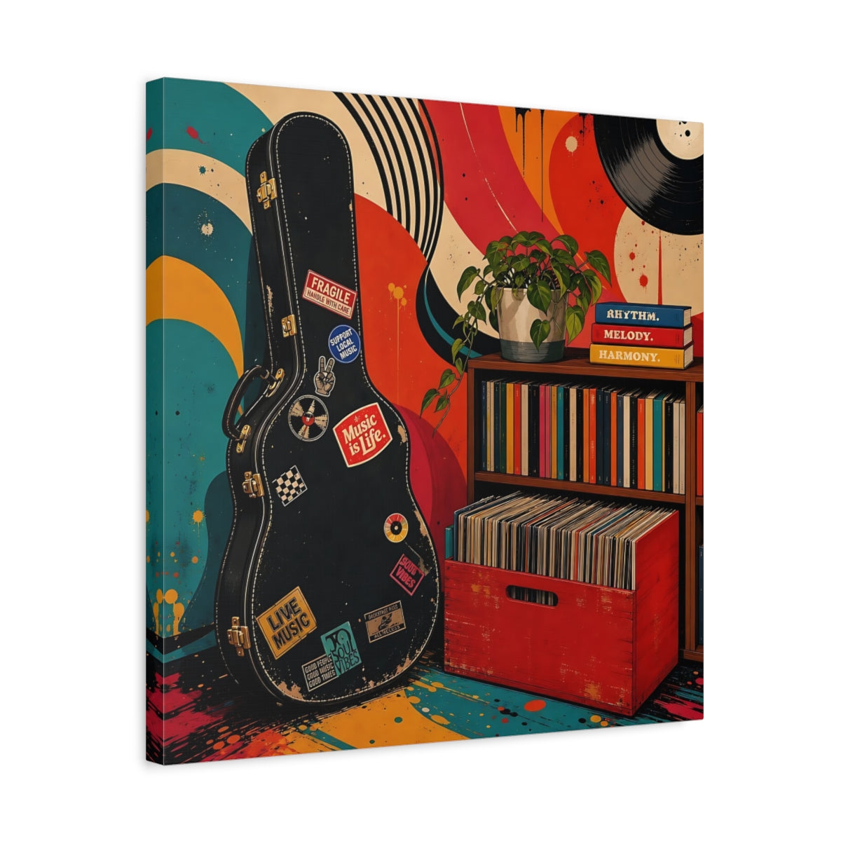 Side Mockup 5. Vintage Vinyl & Guitar shown as canvas print