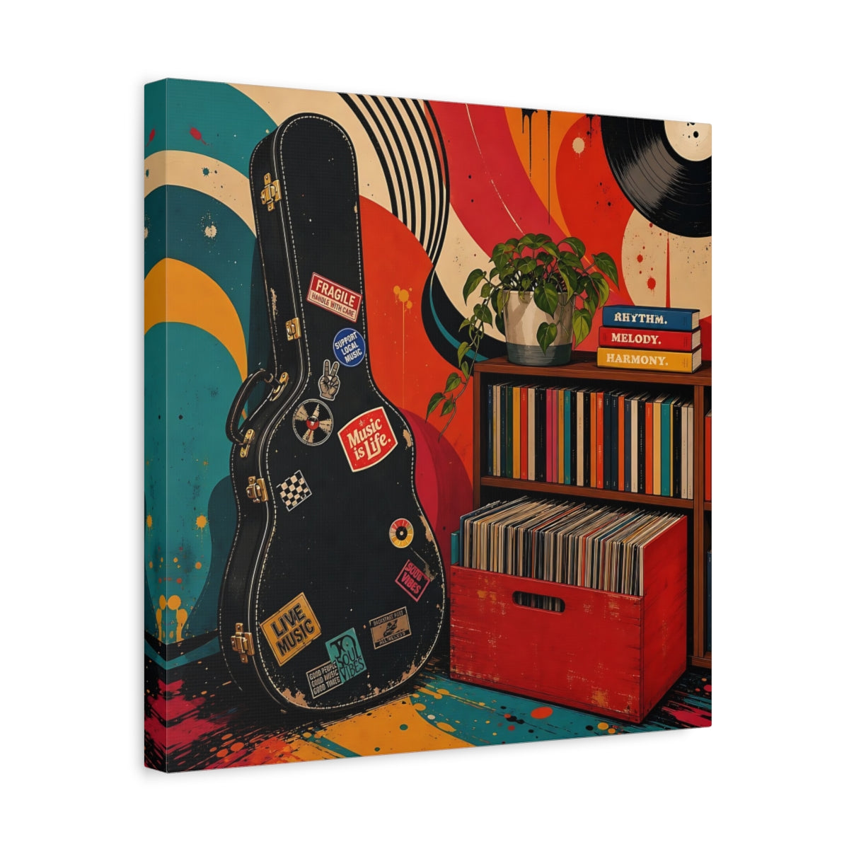 Side Mockup 6. Vintage Vinyl & Guitar shown as canvas print