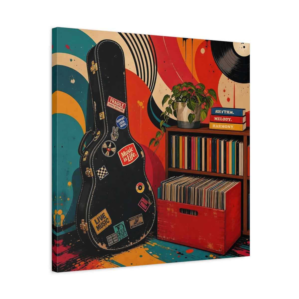Side Mockup 4. Vintage Vinyl & Guitar shown as canvas print