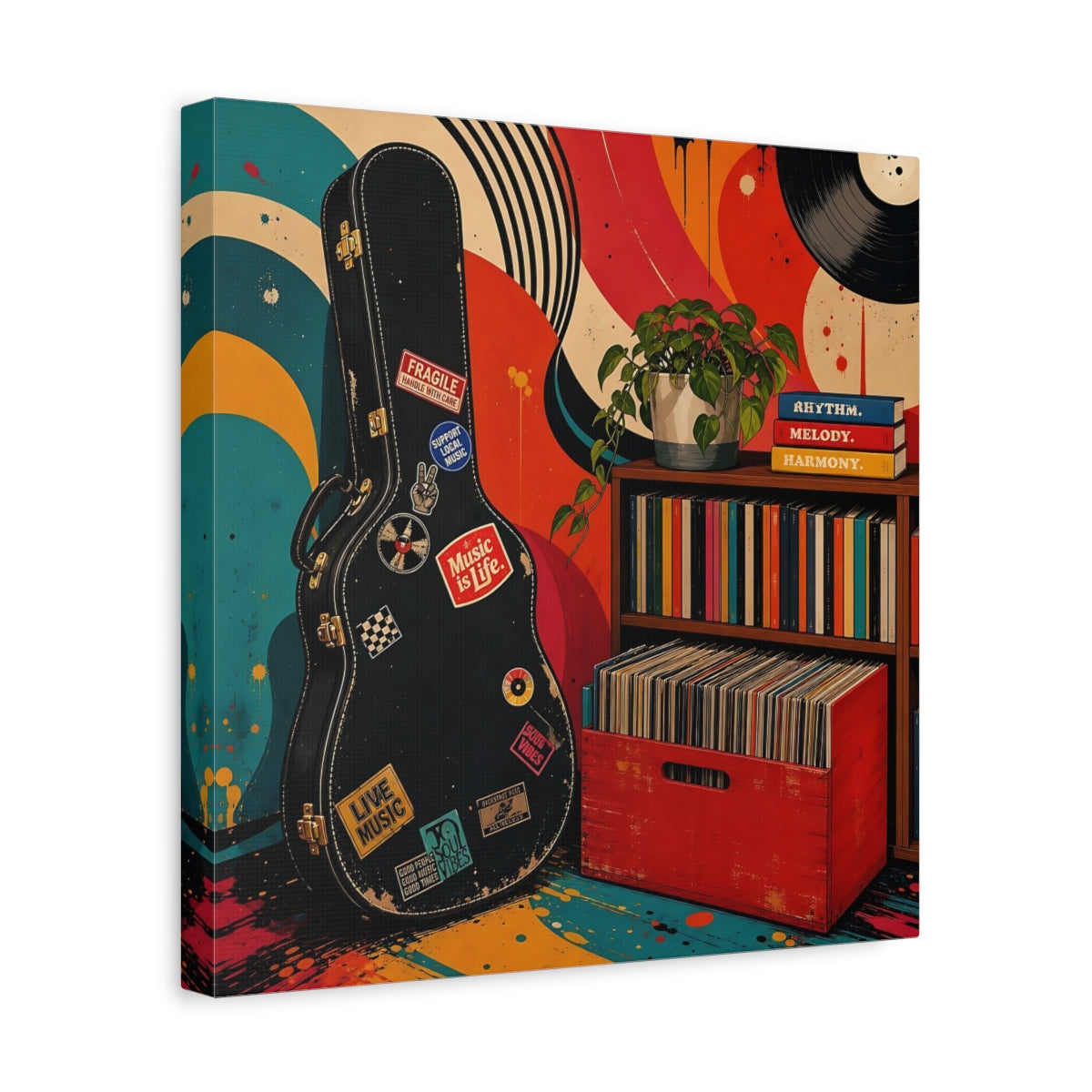 Side Mockup 7. Vintage Vinyl & Guitar shown as canvas print