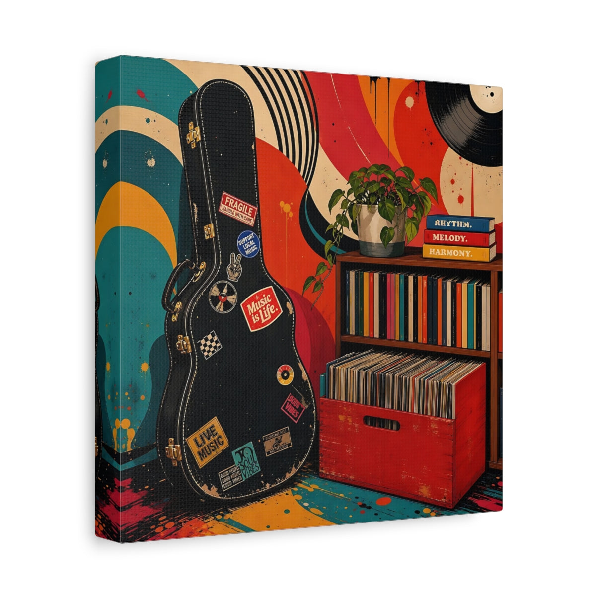 Side Mockup 9. Vintage Vinyl & Guitar shown as canvas print