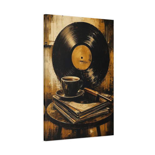 Main Mockup. Vintage Vinyl Record Gold And Black shown as canvas print