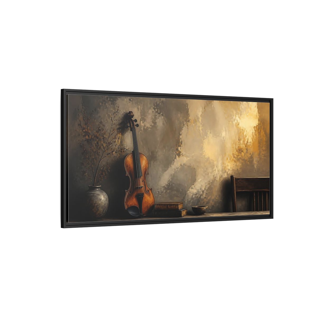 Side Mockup 5. Vintage Violin And Books shown as framed canvas print