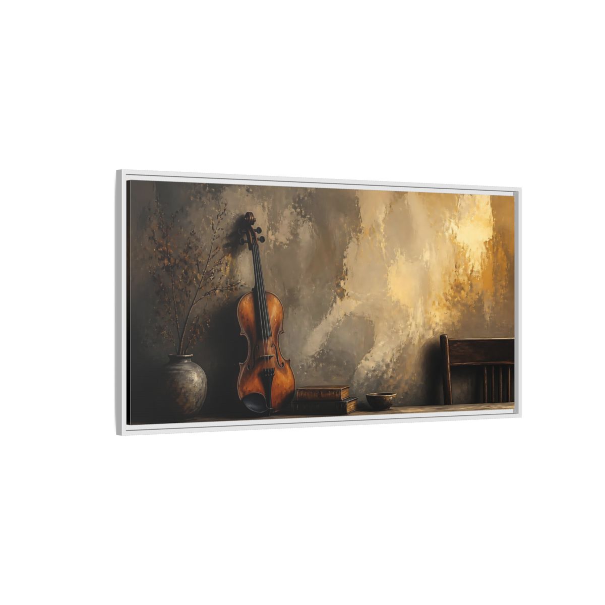 Side Mockup 3. Vintage Violin And Books shown as framed canvas print