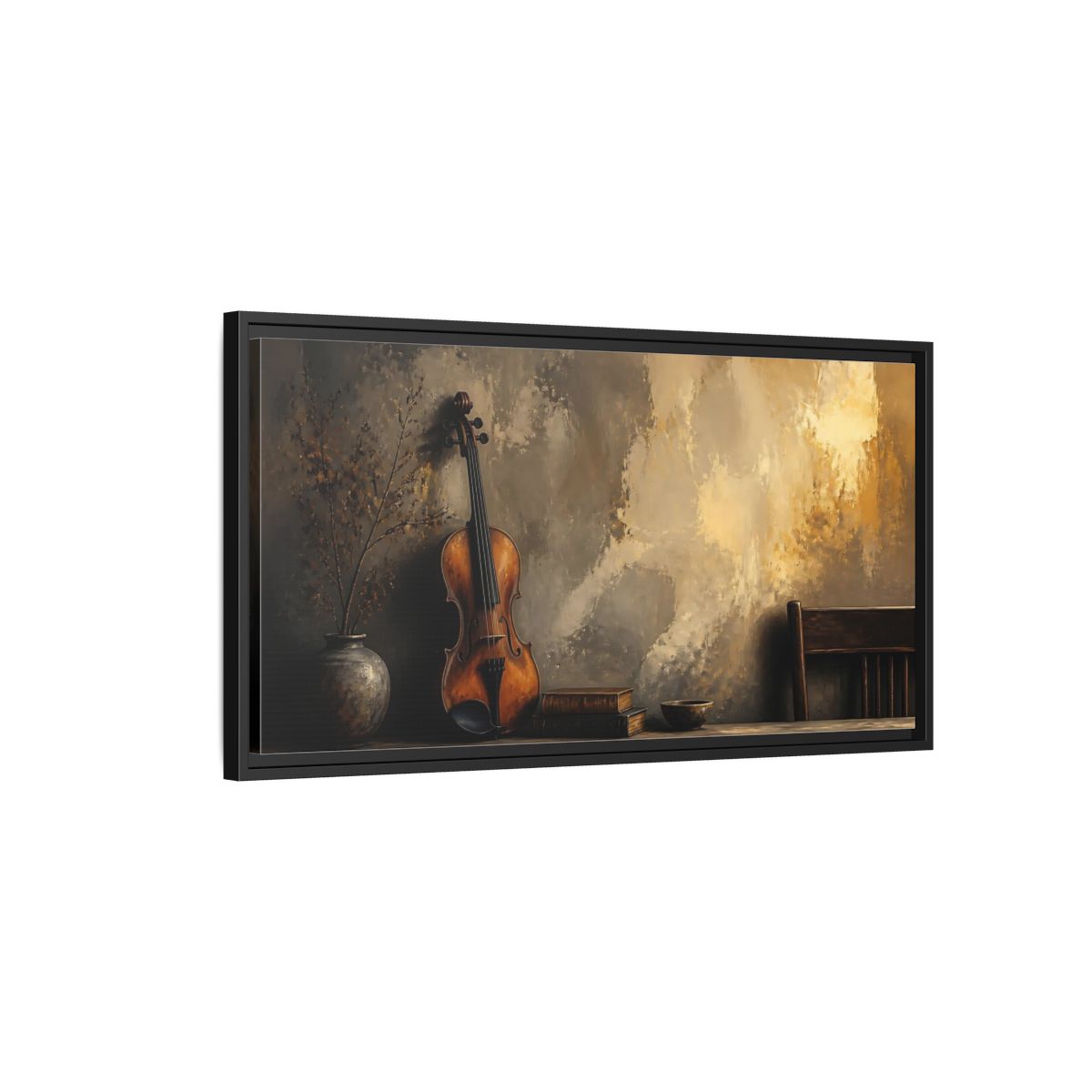 Side Mockup 2. Vintage Violin And Books shown as framed canvas print