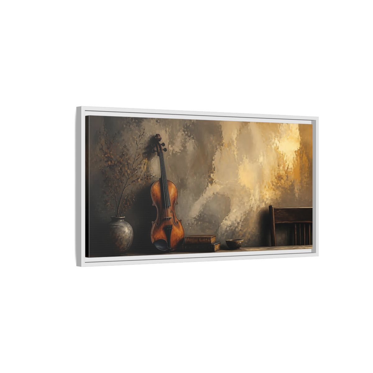 Side Mockup 1. Vintage Violin And Books shown as framed canvas print