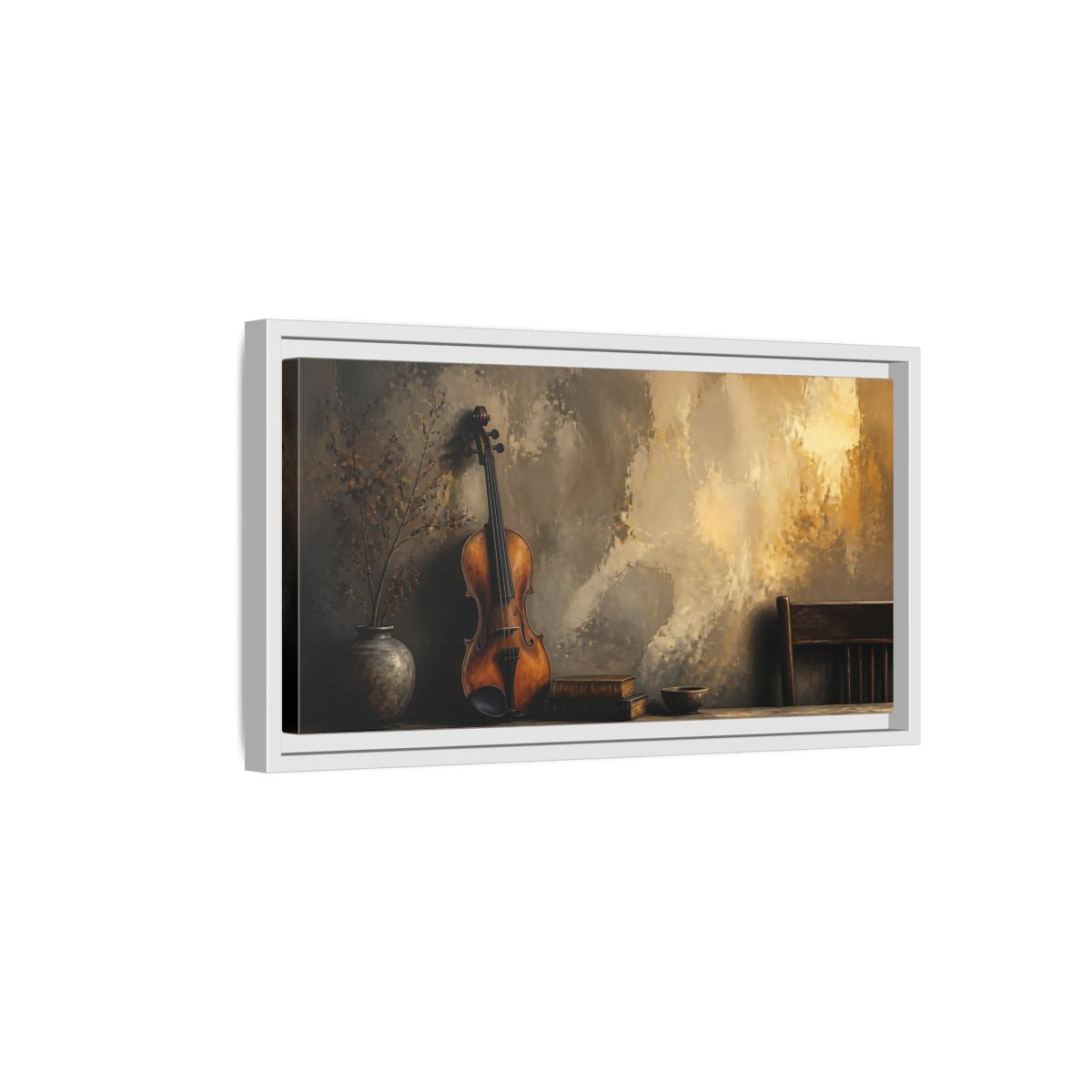 Side Mockup 6. Vintage Violin And Books shown as framed canvas print