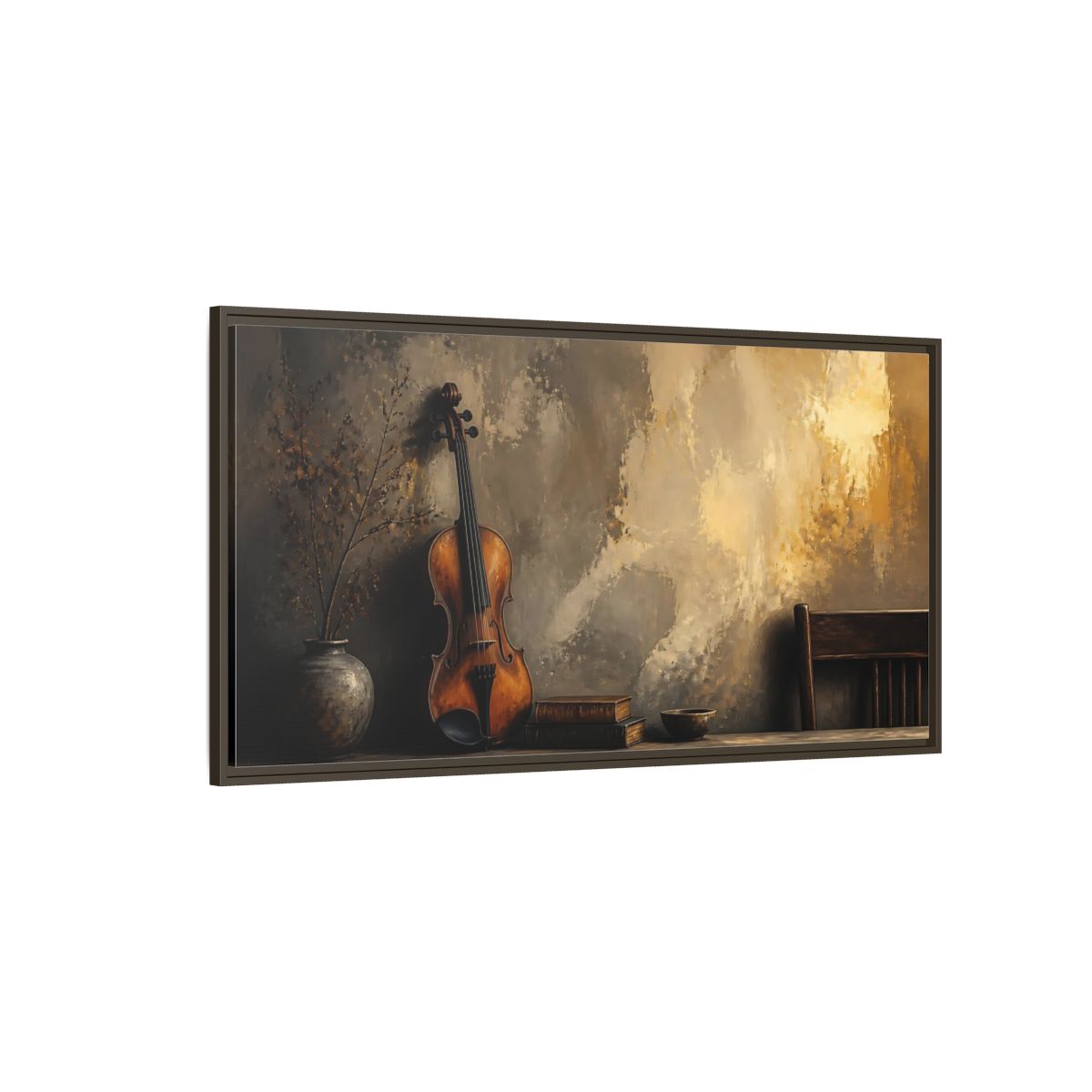 Side Mockup 4. Vintage Violin And Books shown as framed canvas print