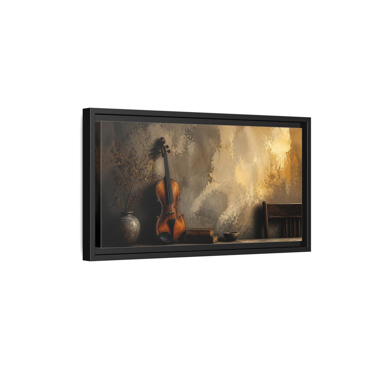 Side Mockup 8. Vintage Violin And Books shown as framed canvas print