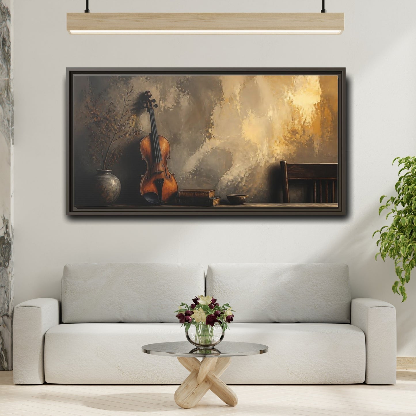 Mockup 2. Vintage Violin And Books shown as framed canvas print