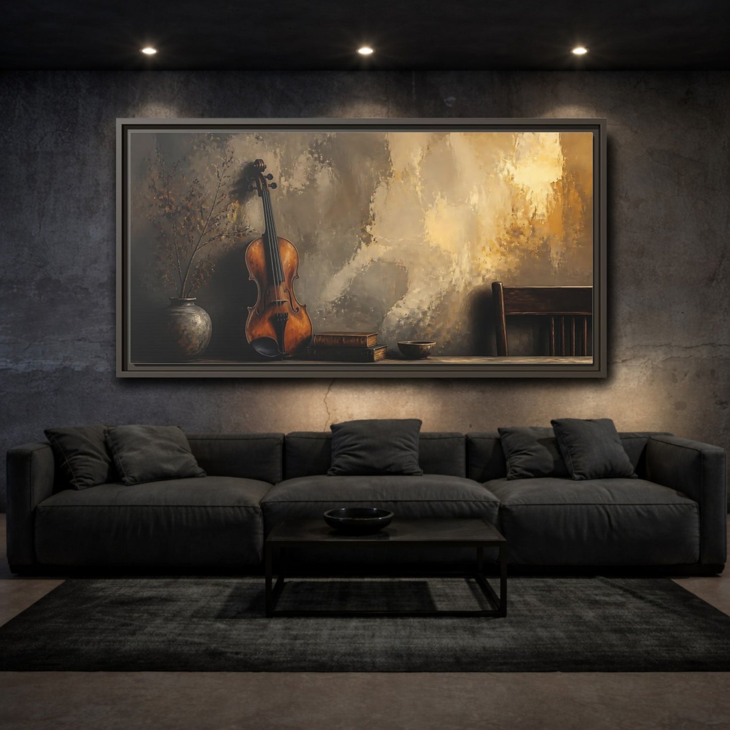 Mockup 3. Vintage Violin And Books shown as framed canvas print