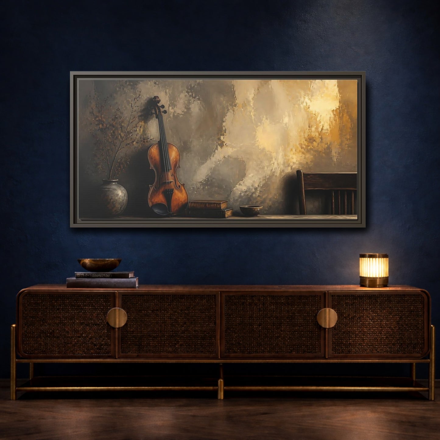 Mockup 4. Vintage Violin And Books shown as framed canvas print