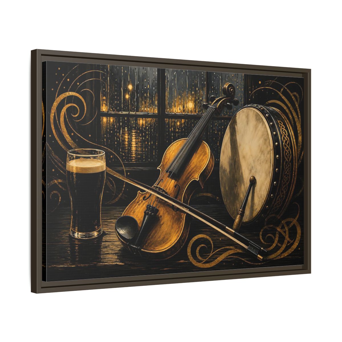 Side Mockup 11. Vintage Violin Bodhran Golden Instruments shown as framed canvas print