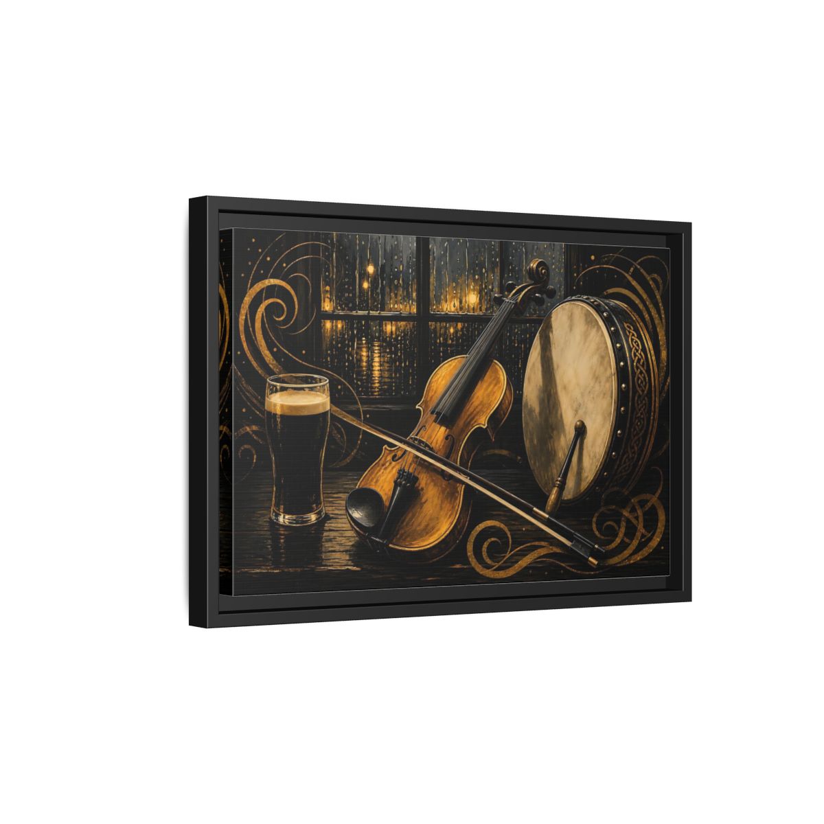 Side Mockup 6. Vintage Violin Bodhran Golden Instruments shown as framed canvas print