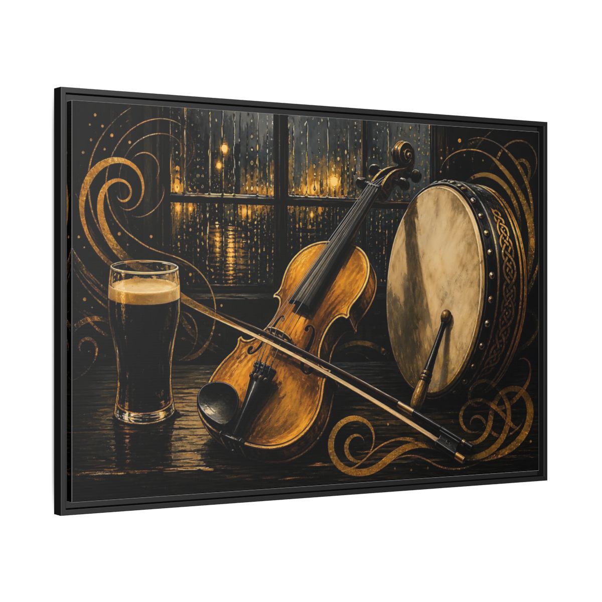 Side Mockup 12. Vintage Violin Bodhran Golden Instruments shown as framed canvas print