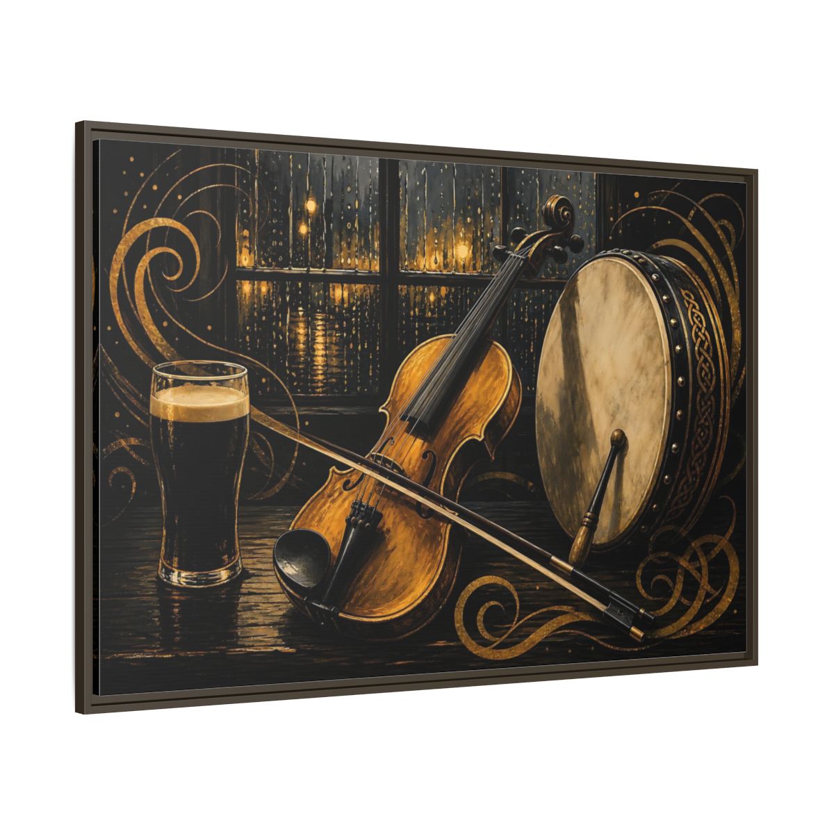 Side Mockup 8. Vintage Violin Bodhran Golden Instruments shown as framed canvas print