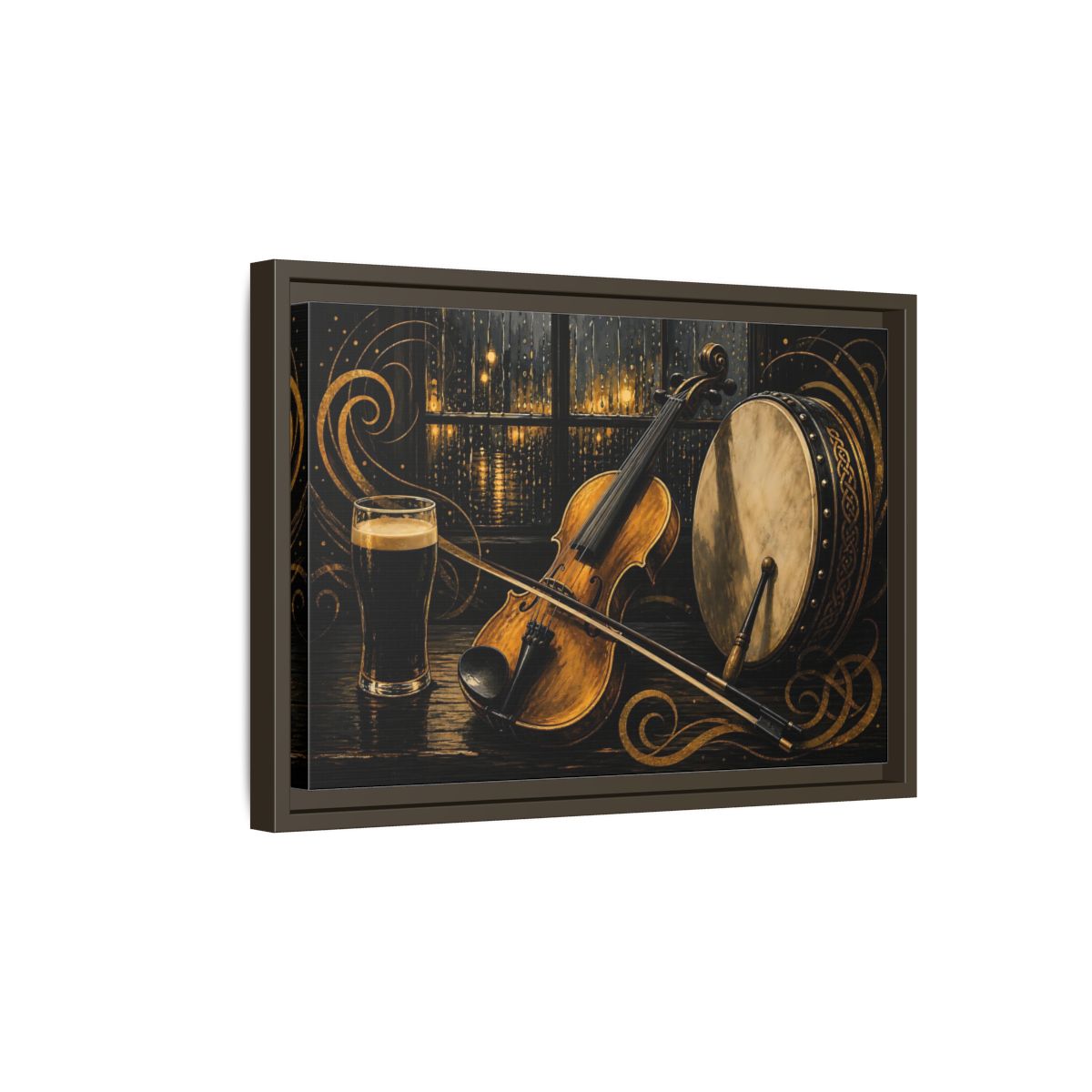 Side Mockup 5. Vintage Violin Bodhran Golden Instruments shown as framed canvas print