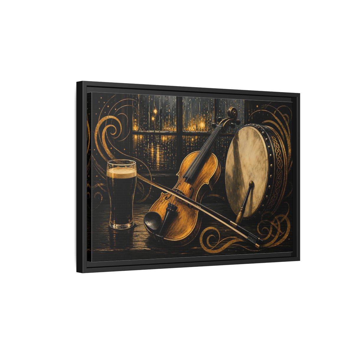 Side Mockup 3. Vintage Violin Bodhran Golden Instruments shown as framed canvas print