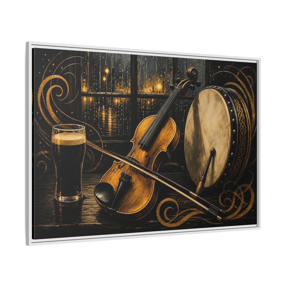 Side Mockup 7. Vintage Violin Bodhran Golden Instruments shown as framed canvas print