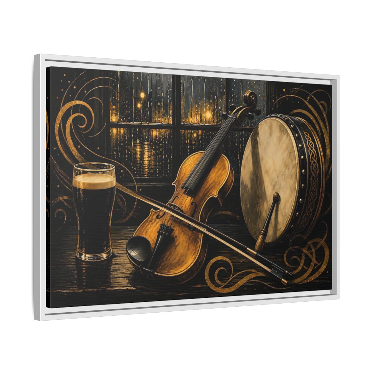 Side Mockup 10. Vintage Violin Bodhran Golden Instruments shown as framed canvas print
