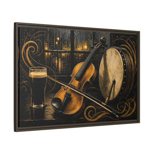 Main Mockup. Vintage Violin Bodhran Golden Instruments shown as framed canvas print