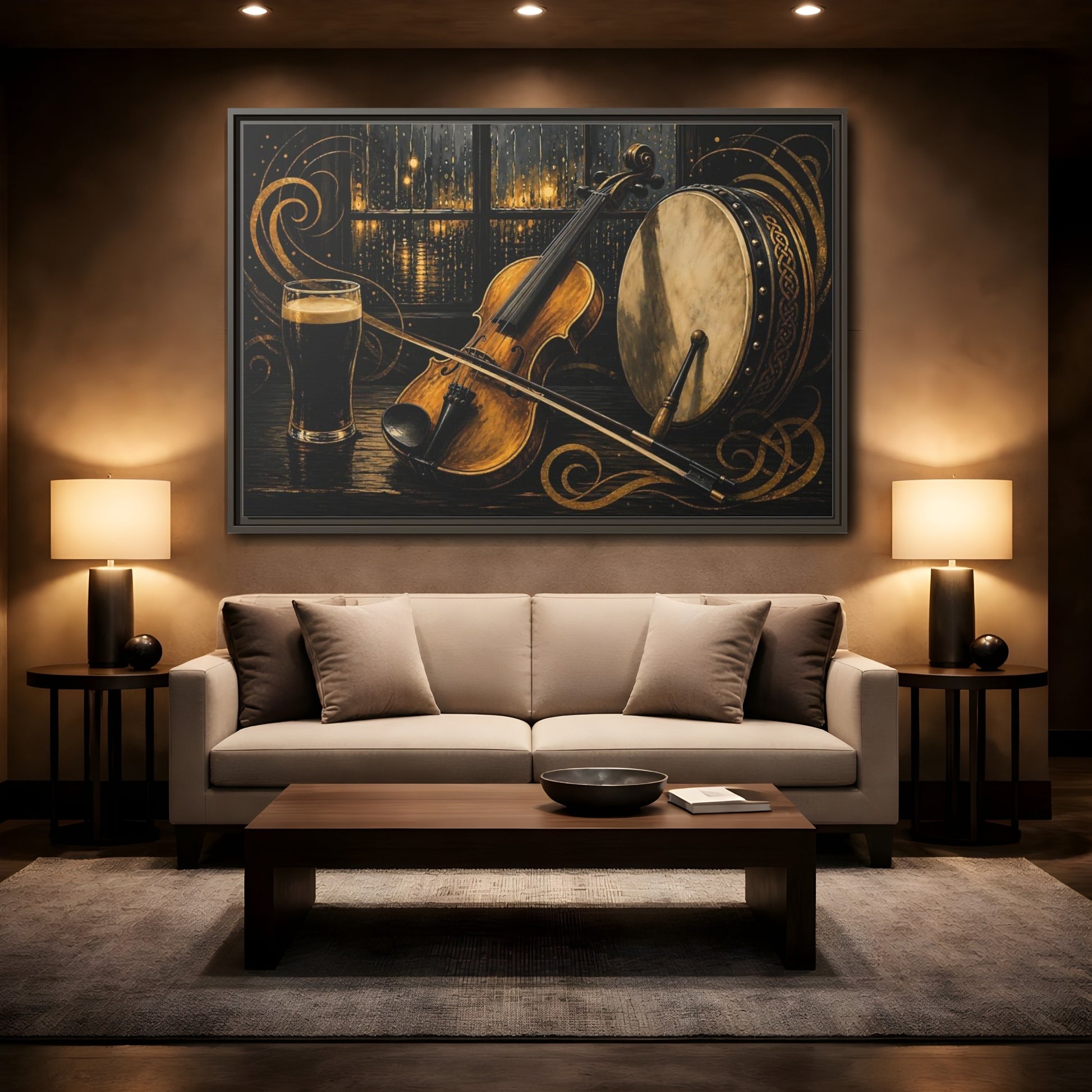 Mockup 2. Vintage Violin Bodhran Golden Instruments shown as framed canvas print
