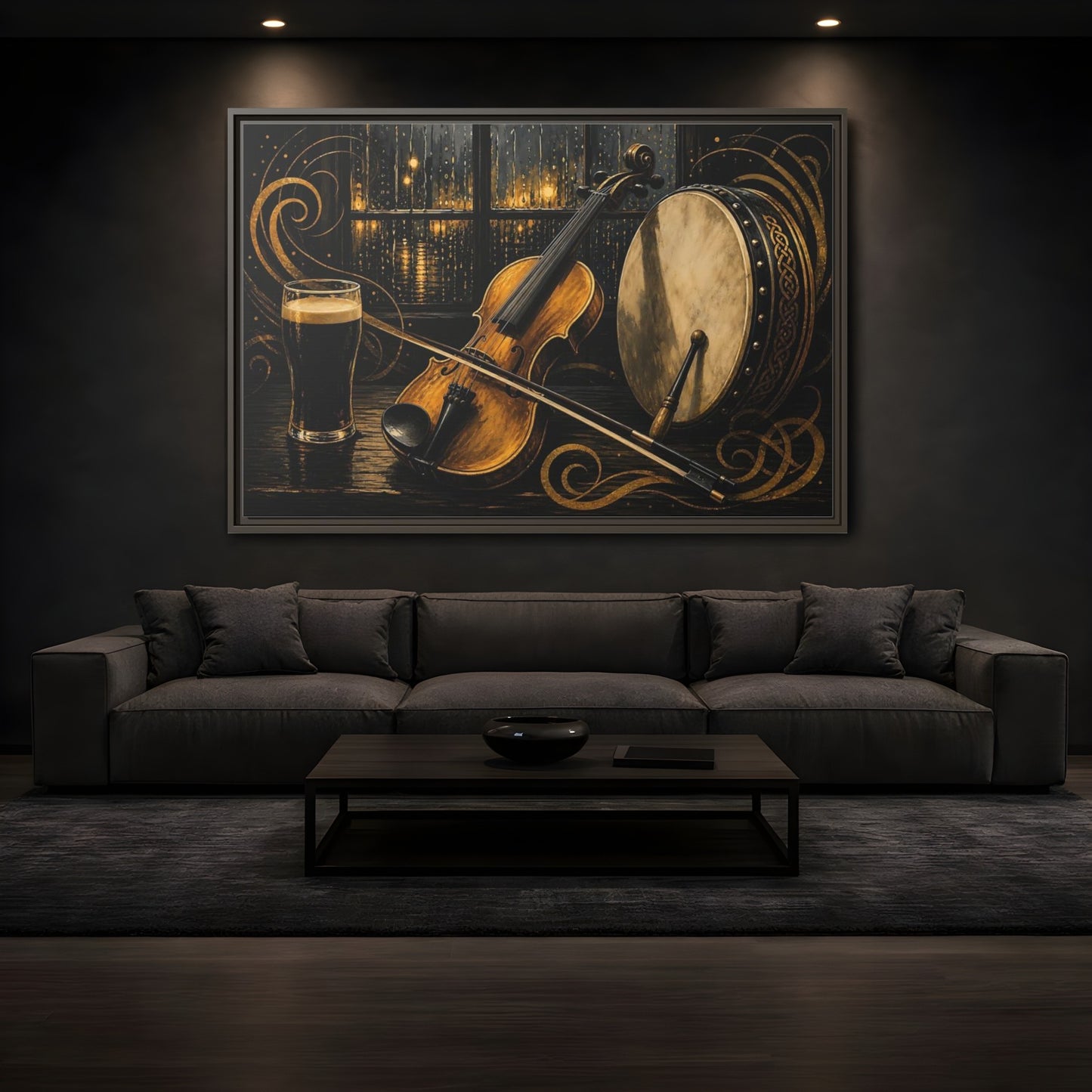 Mockup 3. Vintage Violin Bodhran Golden Instruments shown as framed canvas print