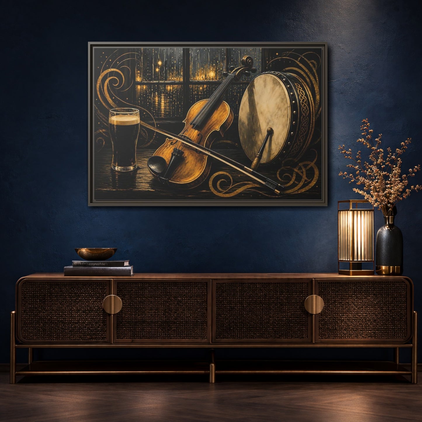 Mockup 4. Vintage Violin Bodhran Golden Instruments shown as framed canvas print