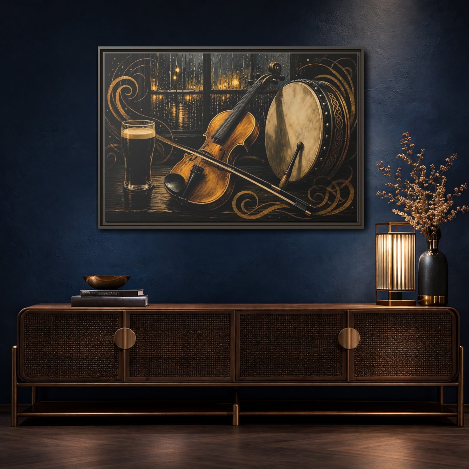 Mockup 4. Vintage Violin Bodhran Golden Instruments shown as framed canvas print