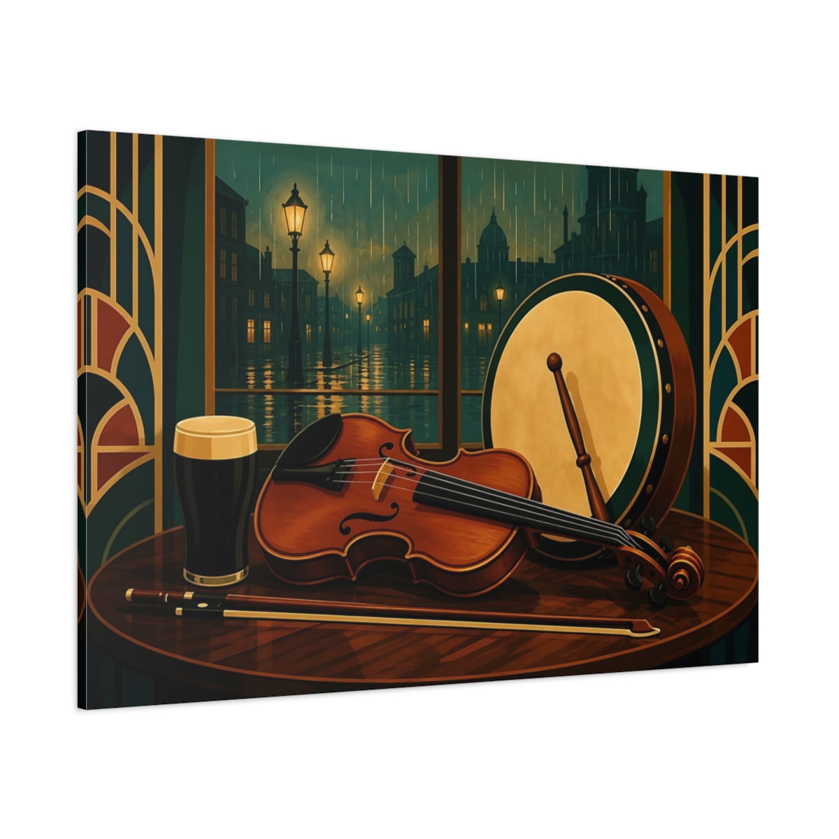 Side Mockup 1. Vintage Violin Bodhran Irish Pub Music shown as canvas print