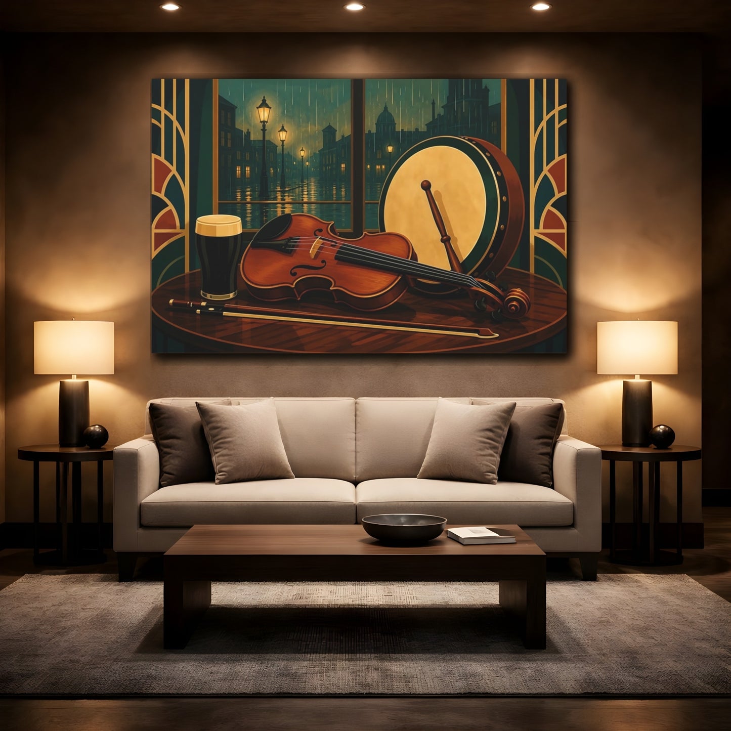 Mockup 2. Vintage Violin Bodhran Irish Pub Music shown as canvas print