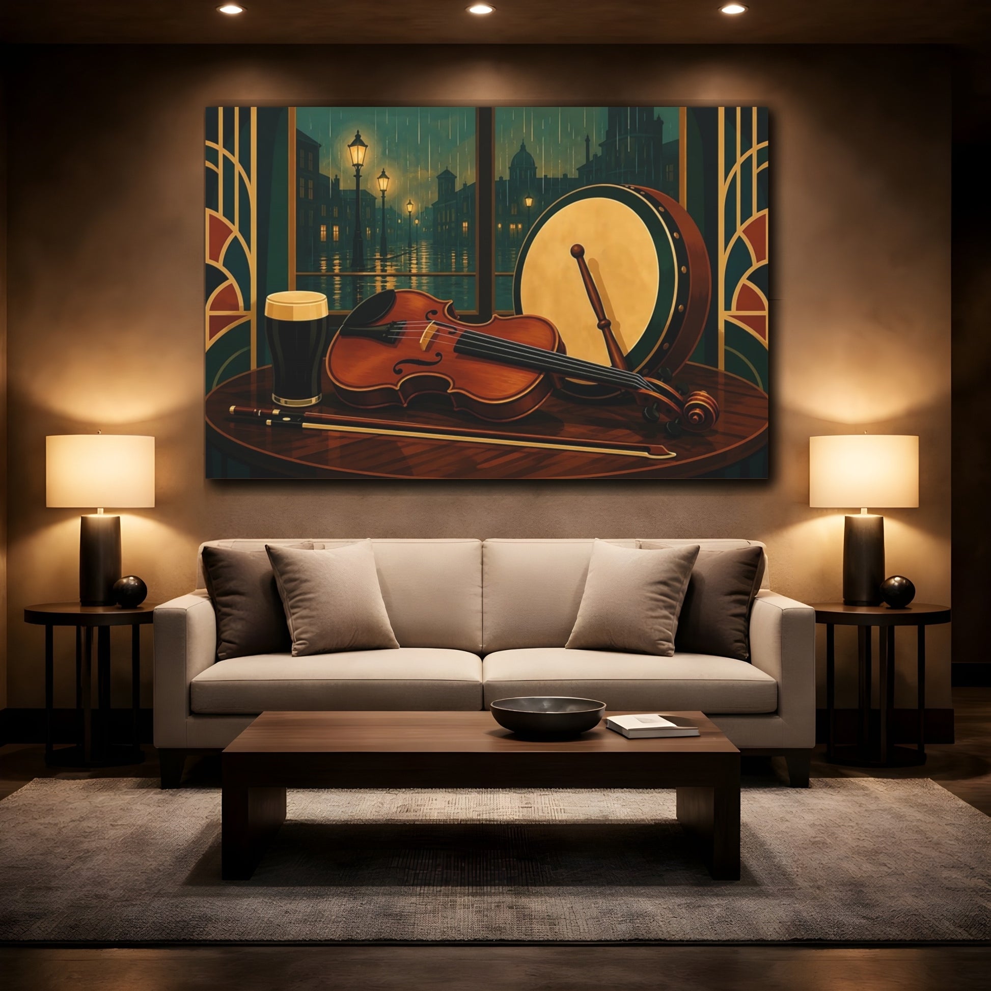 Mockup 2. Vintage Violin Bodhran Irish Pub Music shown as canvas print