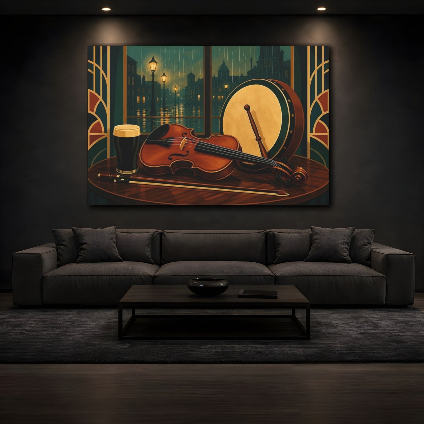 Mockup 3. Vintage Violin Bodhran Irish Pub Music shown as canvas print