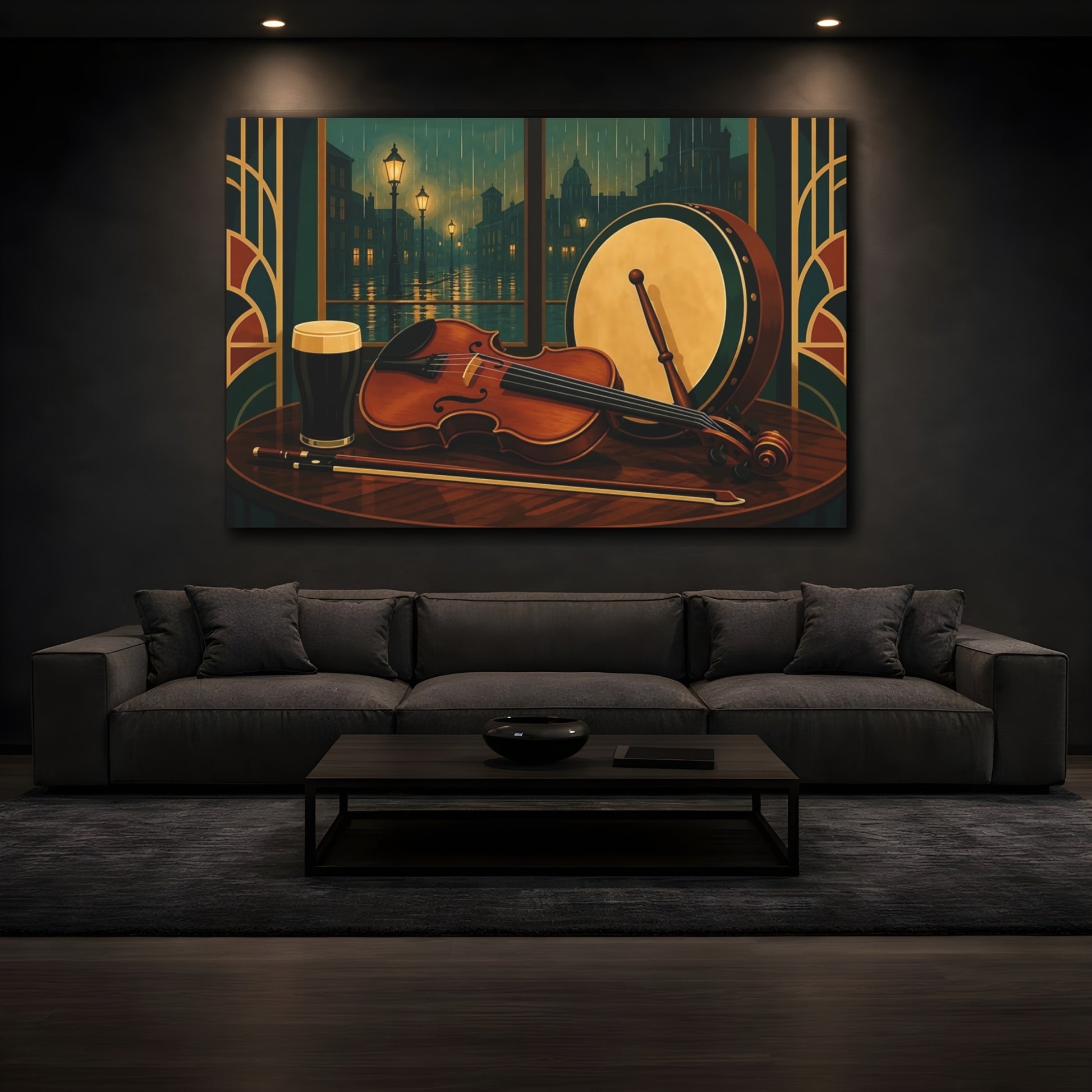 Mockup 3. Vintage Violin Bodhran Irish Pub Music shown as canvas print