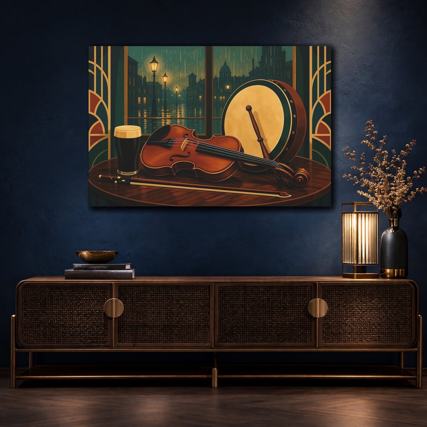 Mockup 4. Vintage Violin Bodhran Irish Pub Music shown as canvas print