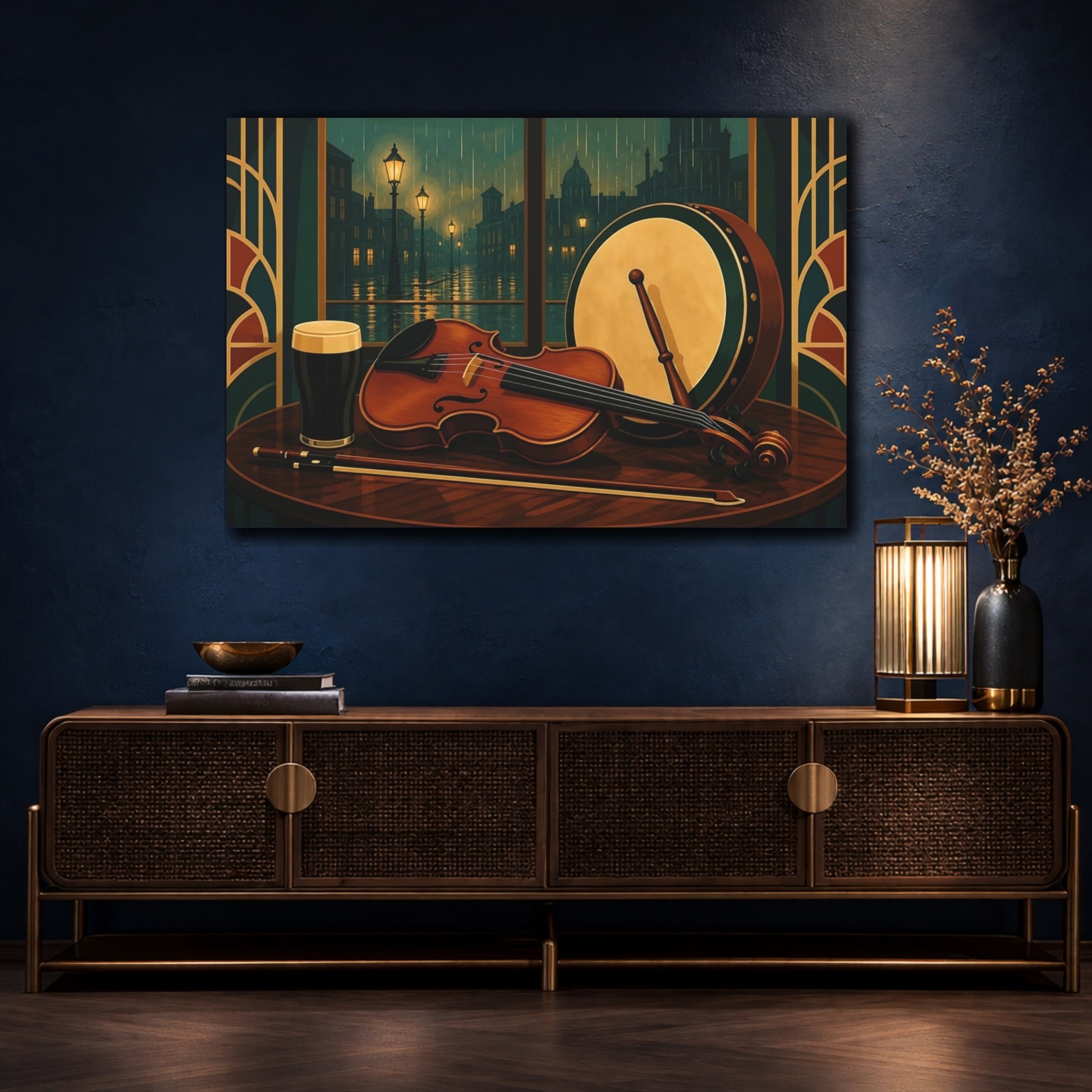 Mockup 4. Vintage Violin Bodhran Irish Pub Music shown as canvas print