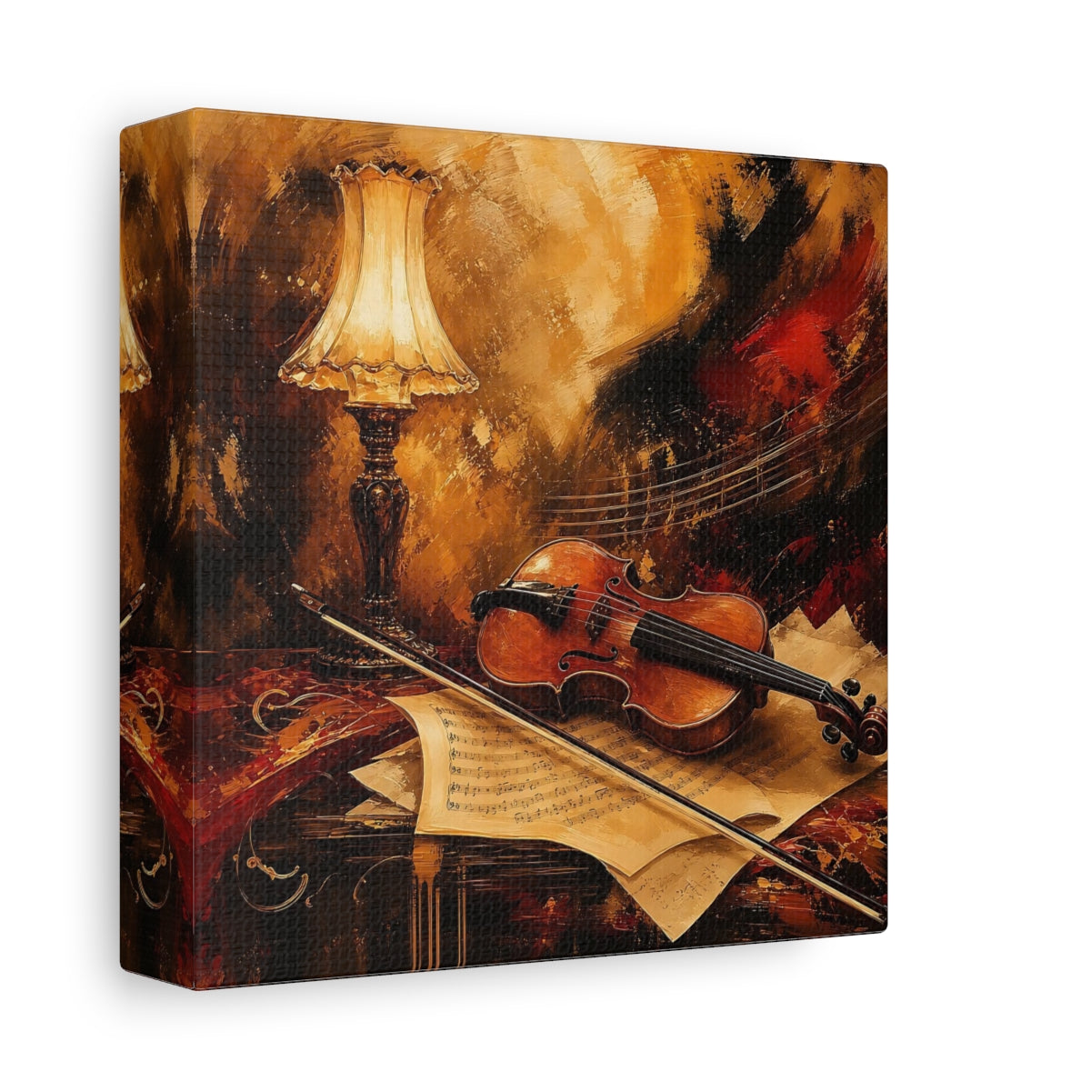 Side Mockup 2. Vintage Violin Brown And Gold shown as canvas print